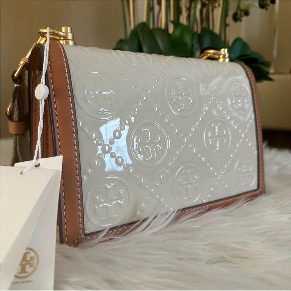 New Tory Burch T MONOGRAM PATENT EMBOSSED SMALL SHOULDER BAG